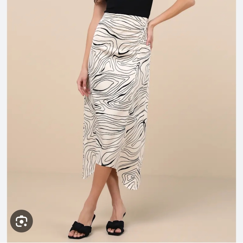 Lulu's Asymmetrical Ruched Midi Skirt SzM Ivory Black‎ Zipper Side